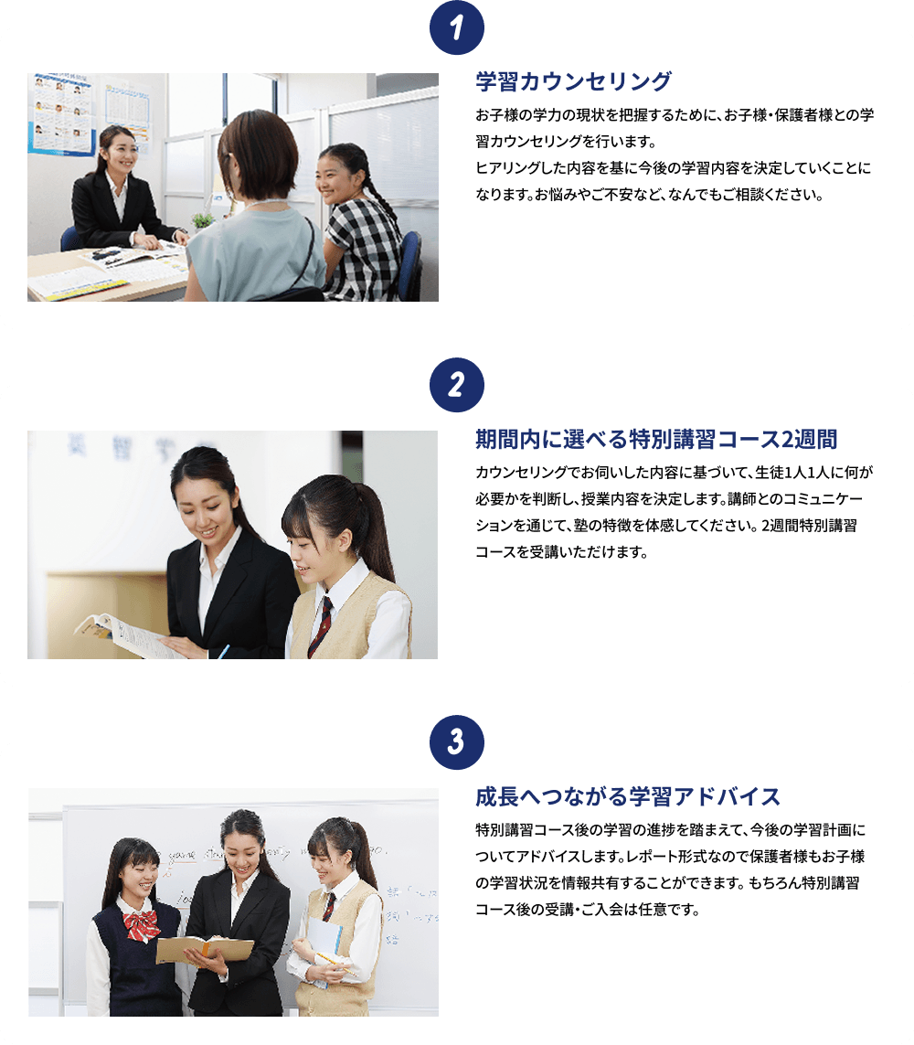 ①学習カウンセリング→②期間内に選べる特別講習コース2週間→③成長へつながる学習アドバイス