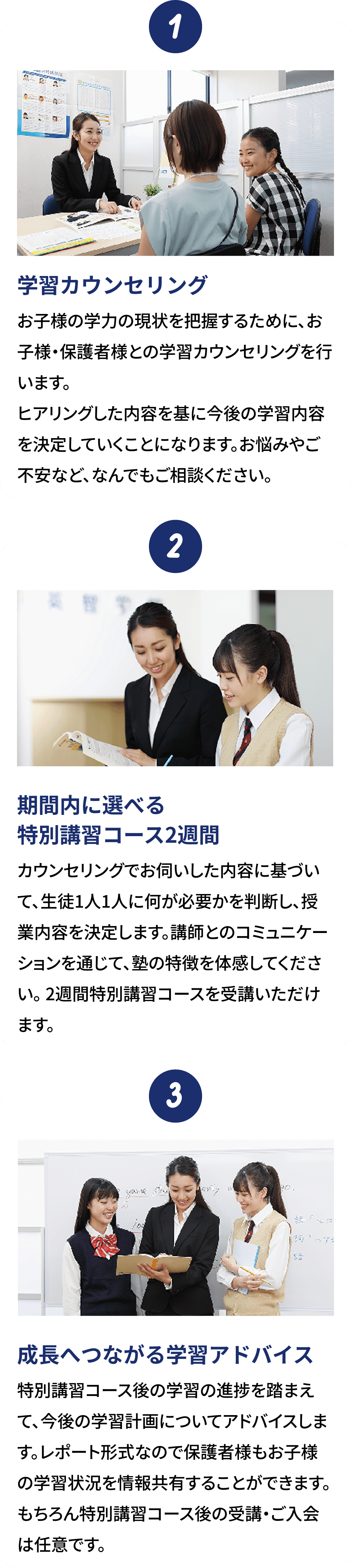 ①学習カウンセリング→②期間内に選べる特別講習コース2週間→③成長へつながる学習アドバイス